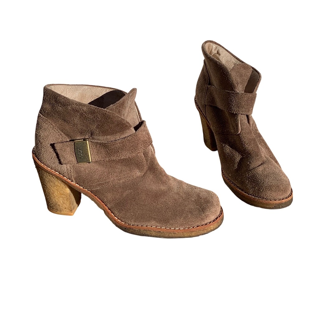 UGG Suede Ankle Boots Women Size 9 taupe Foldover Heel Block brienne